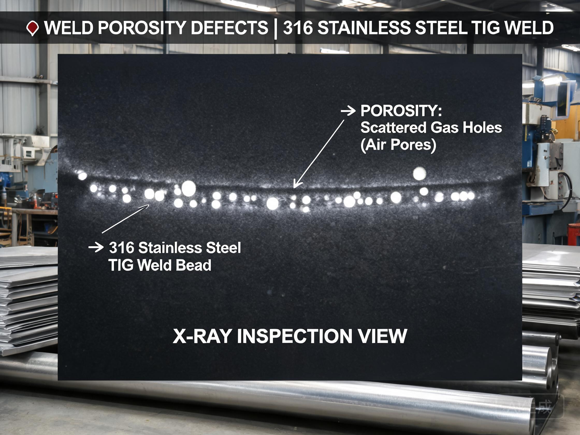 Close-up of weld bead showing scattered round porosity in a 304 TIG weld