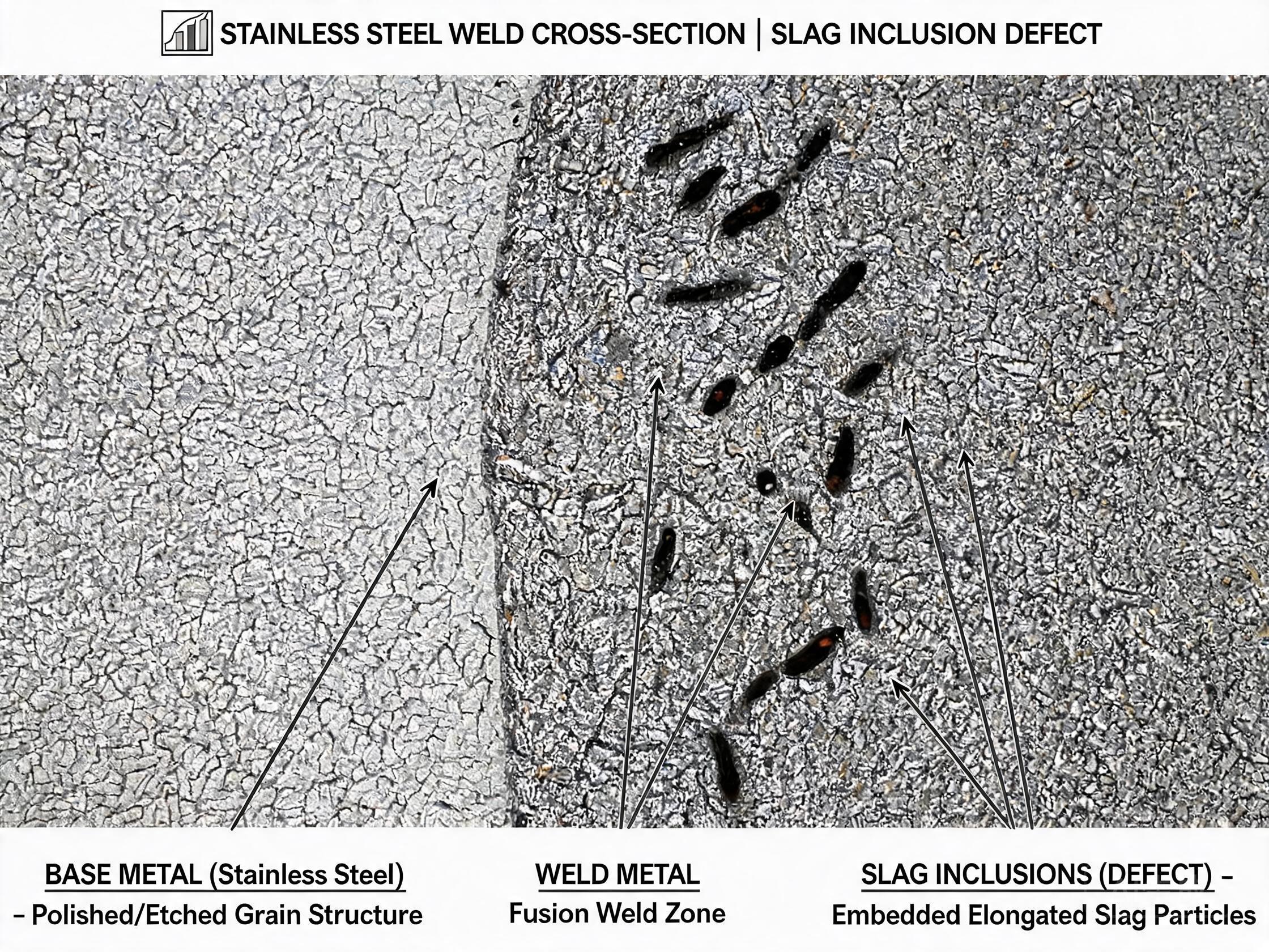 Radiographic image showing dark jagged slag inclusions between weld passes in a 316 plate