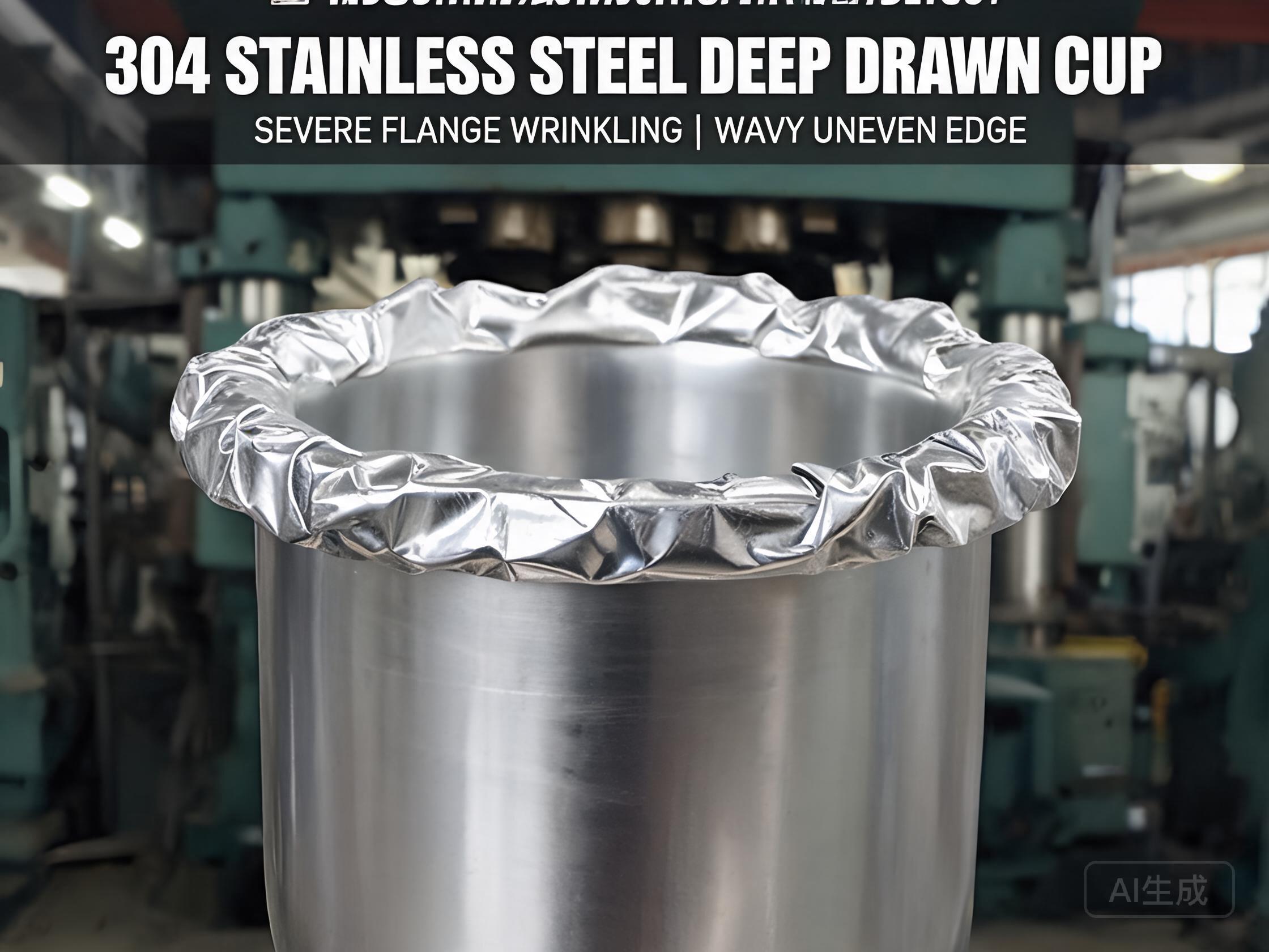 Deep drawn 304 stainless steel cup with flange wrinkling defects from insufficient blank holder force
